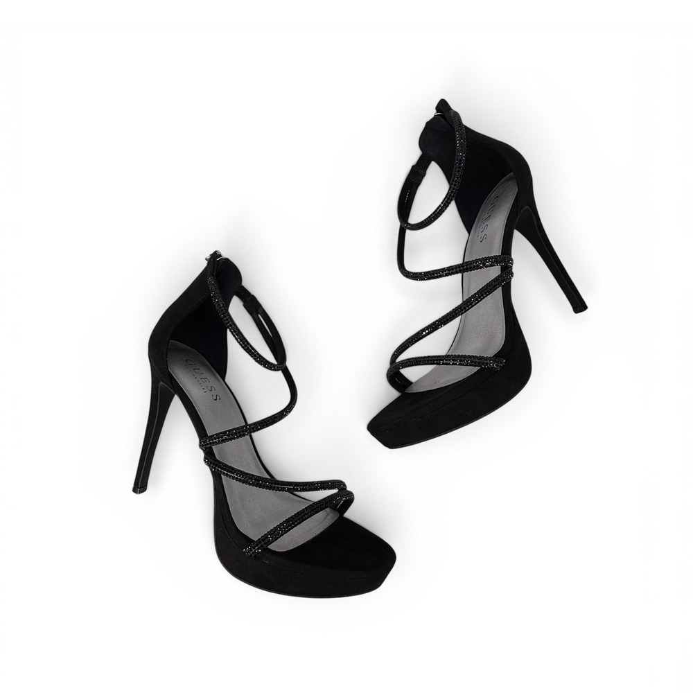 Guess Laden Black Strappy Rhinestone Stiletto Platform Sandals Womens 8.5 Zipper